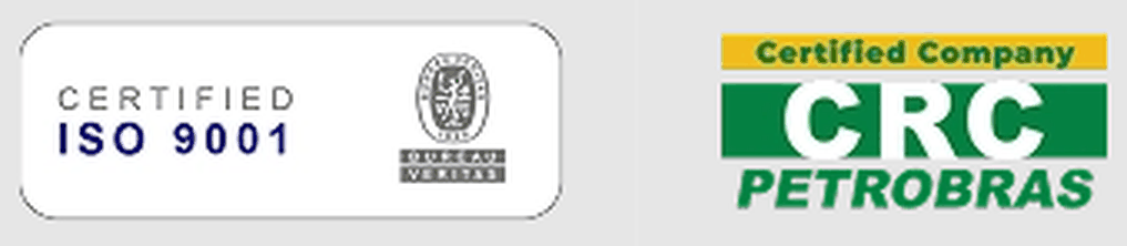 Selos de certificação: Certified ISO 9001 com Bureau Veritas, e Certified Company CRC Petrobras
